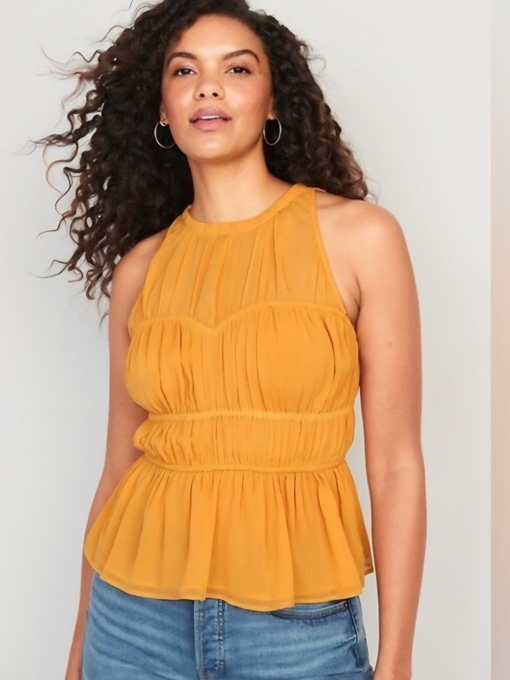 Old Navy Women's Small Mustard Yellow Sleeveless Peplum Stretchy Blouse Top